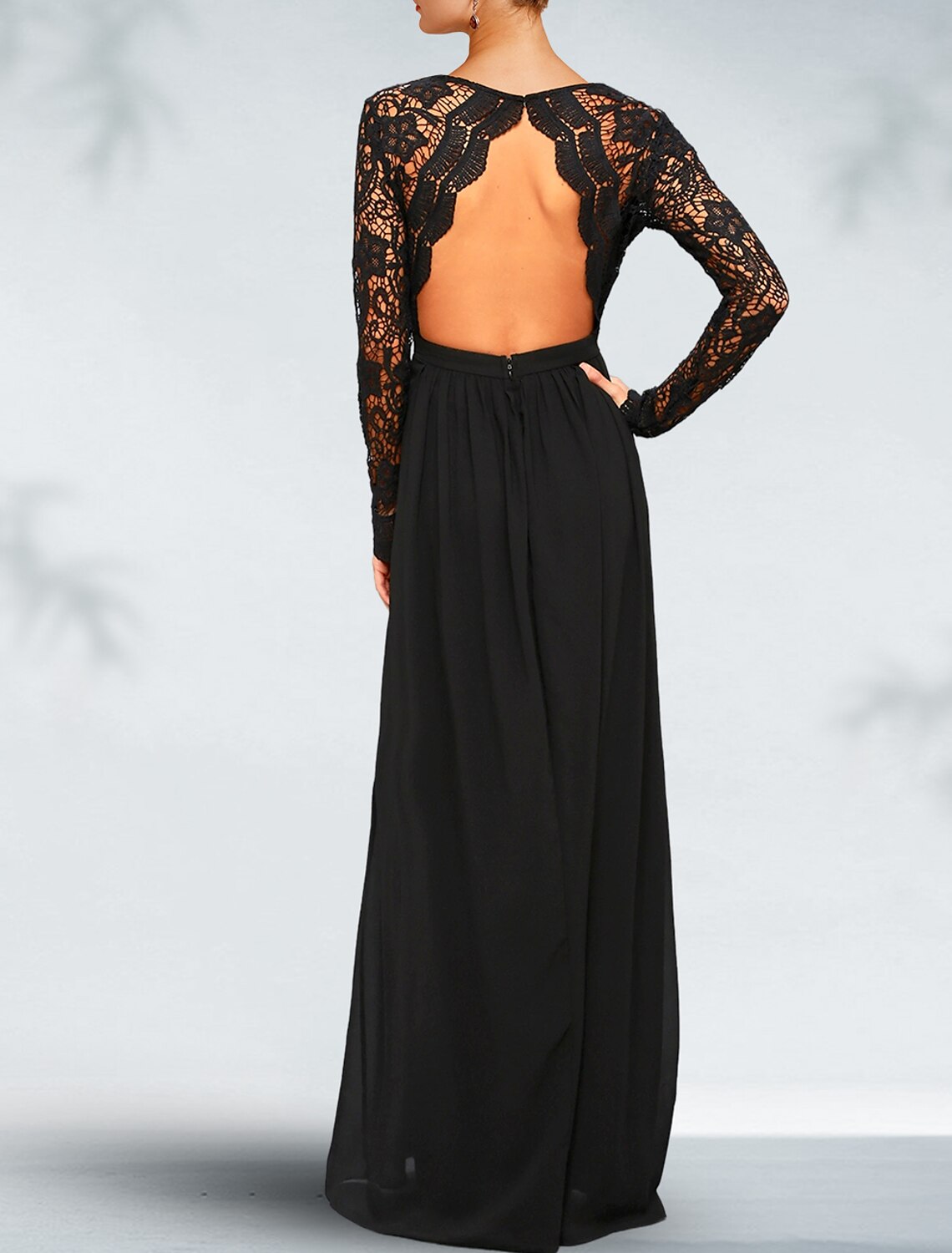 Abito da sera a trapezio, abito nero, abito taglie forti con schiena scoperta, abito da cerimonia, abito da ospite, lunghezza al pavimento, manica lunga, scollo a V, chiffon gotico con pieghe